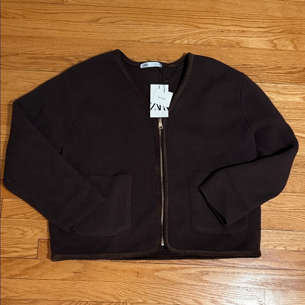 NWT Zara 100% wool chocolate brown cardigan sweater zipper velvet trim large L